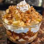 ['Close-up view of a layered Caramel Apple Trifle with apple pie filling and caramel sauce.', 'Side view of a delicious Caramel Apple Trifle showcasing cake layers and whipped cream.', 'Juicy Caramel Apple Trifle with visible layers of cake, pudding, and apple filling.', 'Textured layers of Caramel Apple Trifle featuring caramel topping and fluffy whipped cream.']