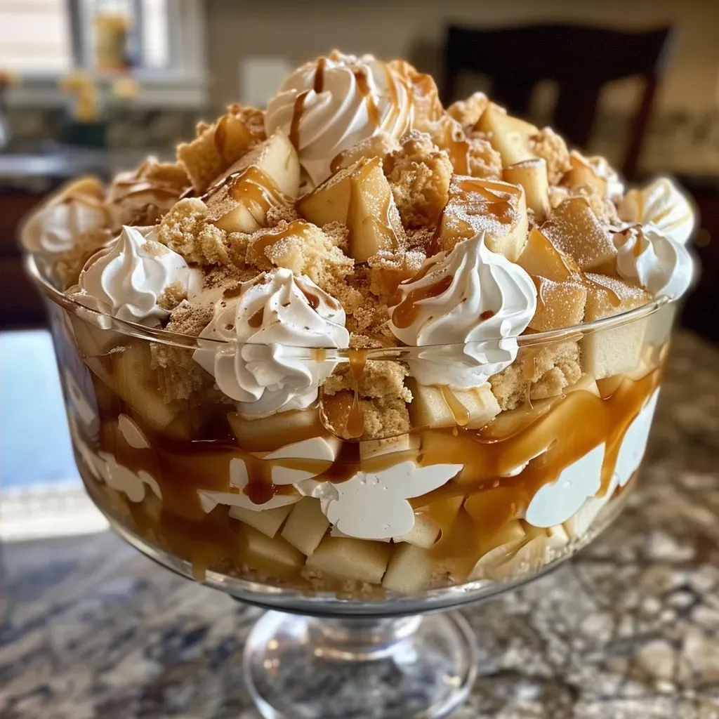 Close-up view of a layered Caramel Apple Trifle with apple pie filling and caramel sauce.