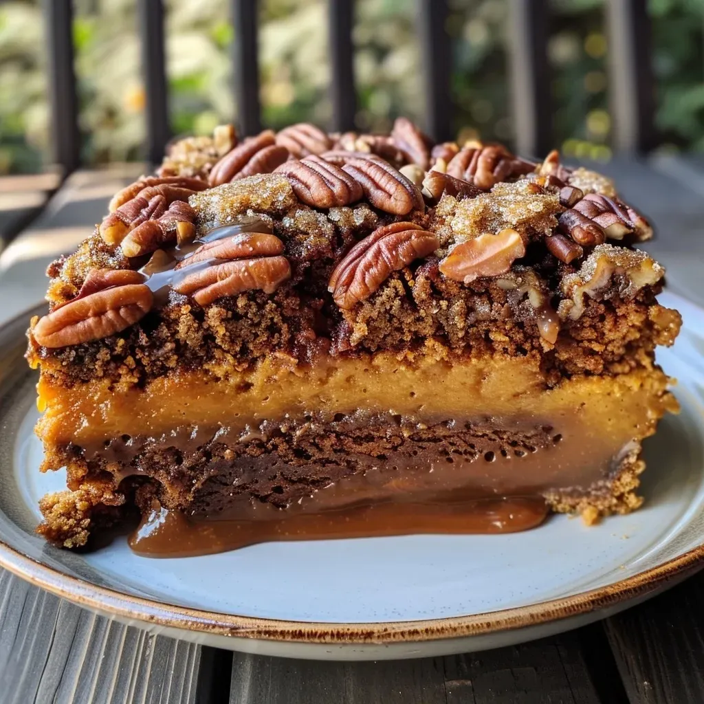 Close-up view of a caramel chai pumpkin coffee cake with a moist texture and a caramel drizzle.