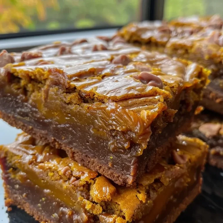 ['Close-up view of caramel-filled pumpkin blondies with a golden-brown exterior.', 'Side view of pumpkin blondies showcasing gooey caramel filling and walnut pieces.', 'Juicy pumpkin blondies with a glossy caramel center and chocolate chips on top.', 'Mouth-watering pumpkin blondies with a soft texture and rich caramel drizzle.']