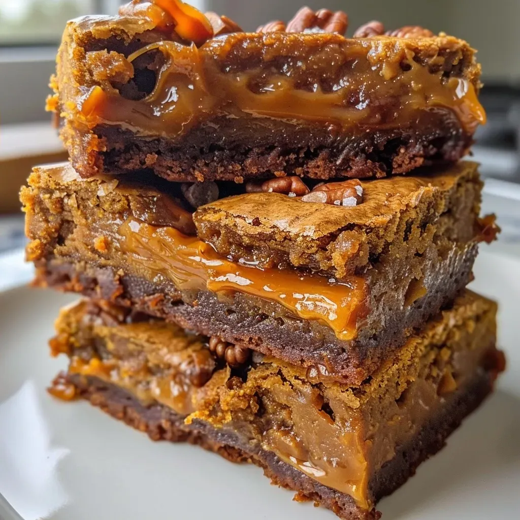 ['Close-up view of caramel-filled pumpkin blondies with a golden-brown exterior.', 'Side view of pumpkin blondies showcasing gooey caramel filling and walnut pieces.', 'Juicy pumpkin blondies with a glossy caramel center and chocolate chips on top.', 'Mouth-watering pumpkin blondies with a soft texture and rich caramel drizzle.']