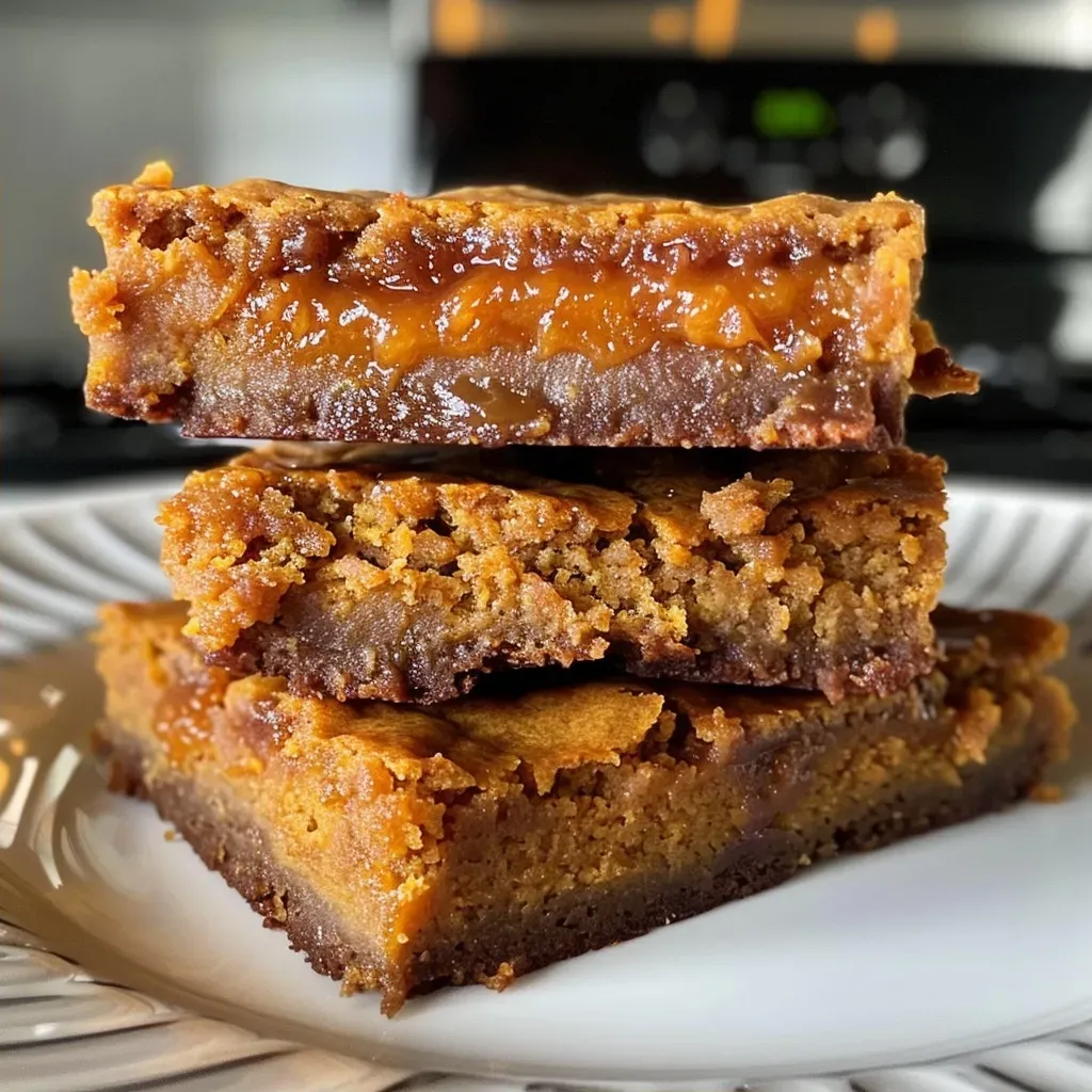 ['Close-up view of golden caramel pumpkin blondies with a drizzle of caramel sauce.', 'Side view of moist pumpkin blondies topped with caramel chips and caramel drizzle.', 'Delicious blondies featuring pumpkin puree and caramel sauce, displayed on a rustic surface.', 'Juicy dessert bars made with pumpkin and caramel, showcasing their rich texture.']