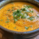 ['Close-up view of a vibrant orange Carrot Ginger Soup in a bowl, garnished with fresh herbs.', 'Side view of creamy Carrot Ginger Soup with a smooth texture, highlighted by a drizzle of coconut milk.', 'A bowl of Carrot Ginger Soup showcasing a rich orange color, topped with chopped fresh parsley.', 'Detailed shot of Carrot Ginger Soup served in a rustic bowl, emphasizing its creamy consistency.']