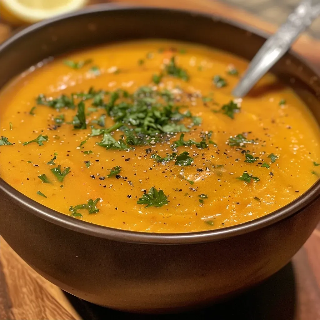 ['Close-up view of a vibrant orange Carrot Ginger Soup in a bowl, garnished with fresh herbs.', 'Side view of creamy Carrot Ginger Soup with a smooth texture, highlighted by a drizzle of coconut milk.', 'A bowl of Carrot Ginger Soup showcasing a rich orange color, topped with chopped fresh parsley.', 'Detailed shot of Carrot Ginger Soup served in a rustic bowl, emphasizing its creamy consistency.']
