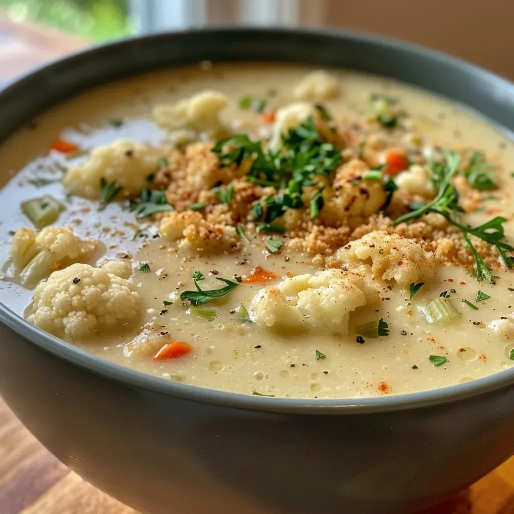 ['Creamy cauliflower soup in a white bowl, garnished with herbs.', 'A close-up view of a bowl of golden cauliflower soup with a smooth texture.', 'Side view of a serving of cauliflower soup, showcasing its richness and color.', 'Delicious cauliflower soup displayed in a rustic bowl, highlighting its creamy consistency.']