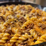 ['Close-up view of a cheesy ground beef skillet with pasta, garnished with melted cheese.', 'Side angle of a skillet filled with savory ground beef, melted cheese, and tomatoes.', 'Juicy ground beef and pasta dish in a skillet, topped with shredded cheddar cheese.', 'Delicious skillet meal featuring ground beef, pasta, and a cheesy topping.']