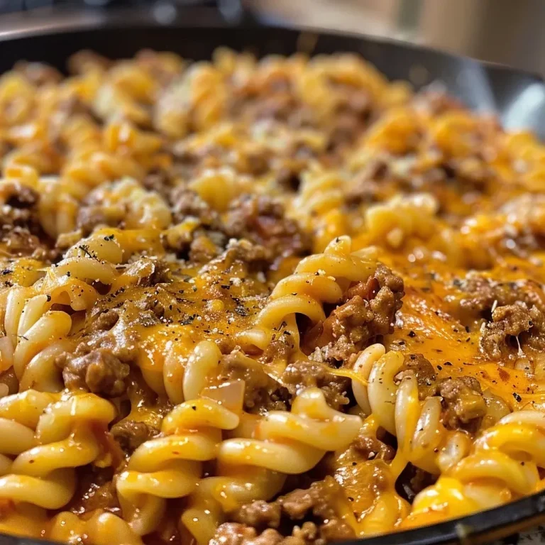 ['Close-up view of a cheesy ground beef skillet with pasta, garnished with melted cheese.', 'Side angle of a skillet filled with savory ground beef, melted cheese, and tomatoes.', 'Juicy ground beef and pasta dish in a skillet, topped with shredded cheddar cheese.', 'Delicious skillet meal featuring ground beef, pasta, and a cheesy topping.']