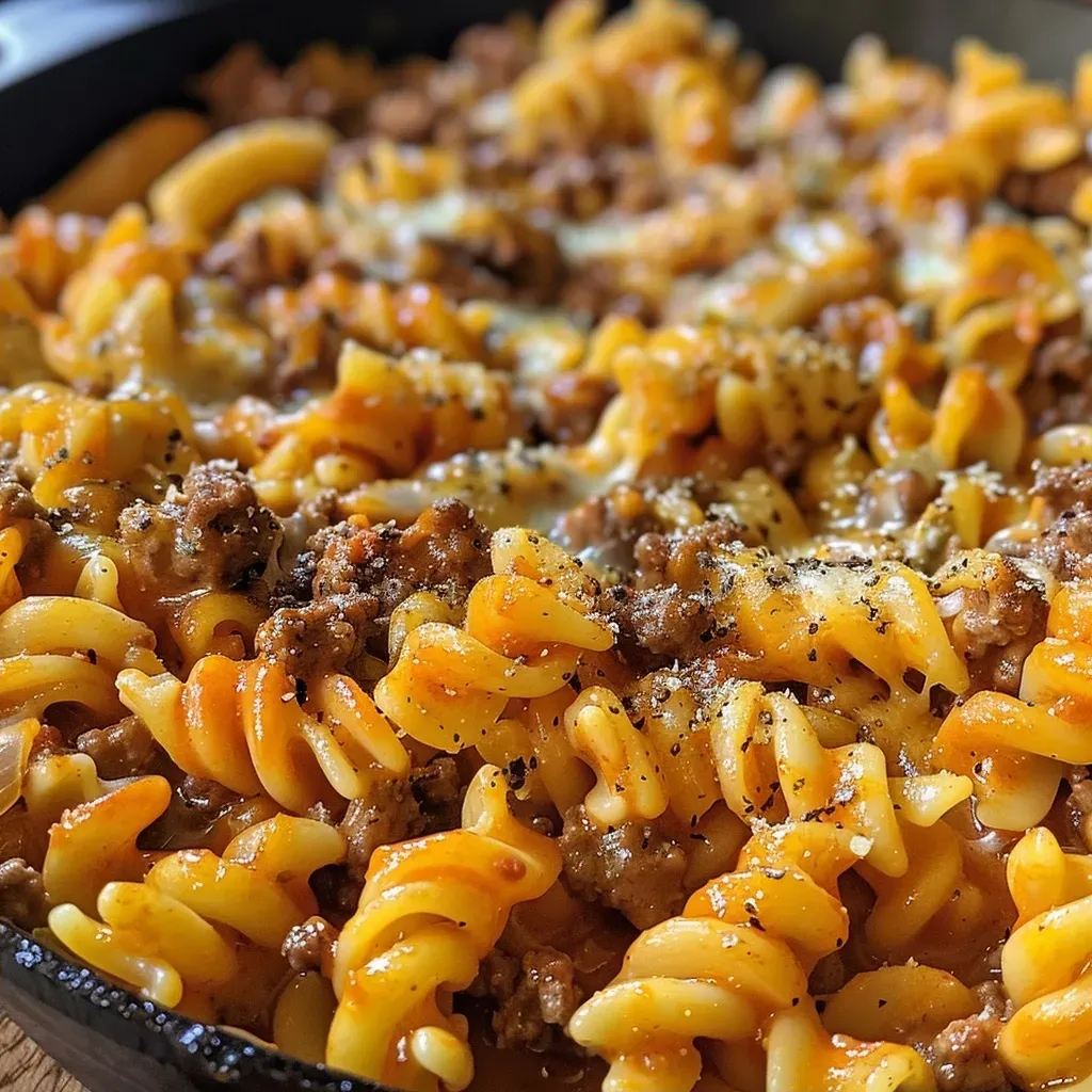 ['Close-up view of a cheesy ground beef skillet with pasta, garnished with melted cheese.', 'Side angle of a skillet filled with savory ground beef, melted cheese, and tomatoes.', 'Juicy ground beef and pasta dish in a skillet, topped with shredded cheddar cheese.', 'Delicious skillet meal featuring ground beef, pasta, and a cheesy topping.']