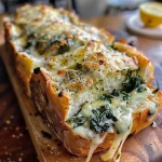 ['Close-up of a Cheesy Spinach Cob Loaf filled with creamy dip.', 'Side view of a round bread loaf with melted cheese and spinach filling.', 'Delicious Cheesy Spinach Cob Loaf served with a rich, creamy dip.', 'Appetizing bread bowl overflowing with cheesy spinach dip.']