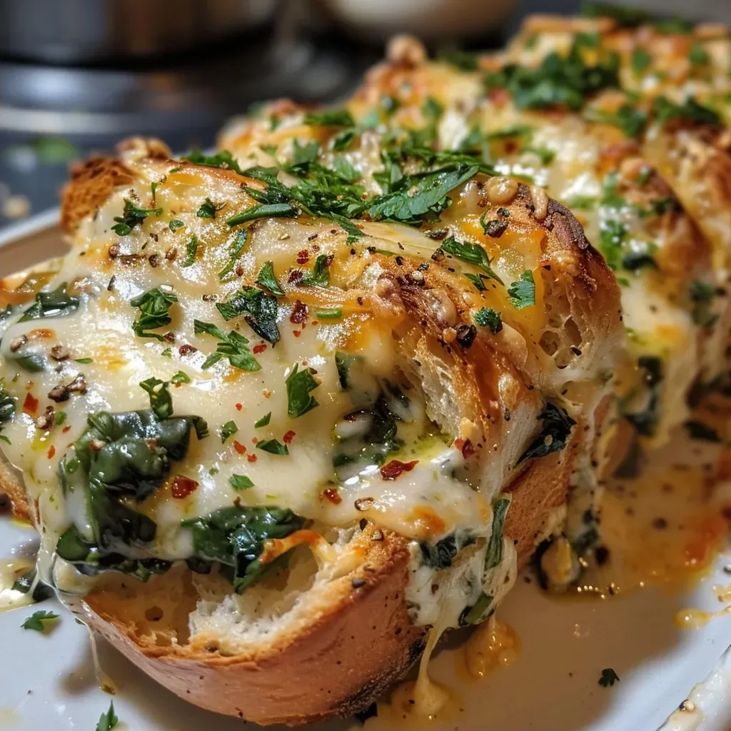 ['Close-up of a Cheesy Spinach Cob Loaf filled with creamy dip.', 'Side view of a round bread loaf with melted cheese and spinach filling.', 'Delicious Cheesy Spinach Cob Loaf served with a rich, creamy dip.', 'Appetizing bread bowl overflowing with cheesy spinach dip.']