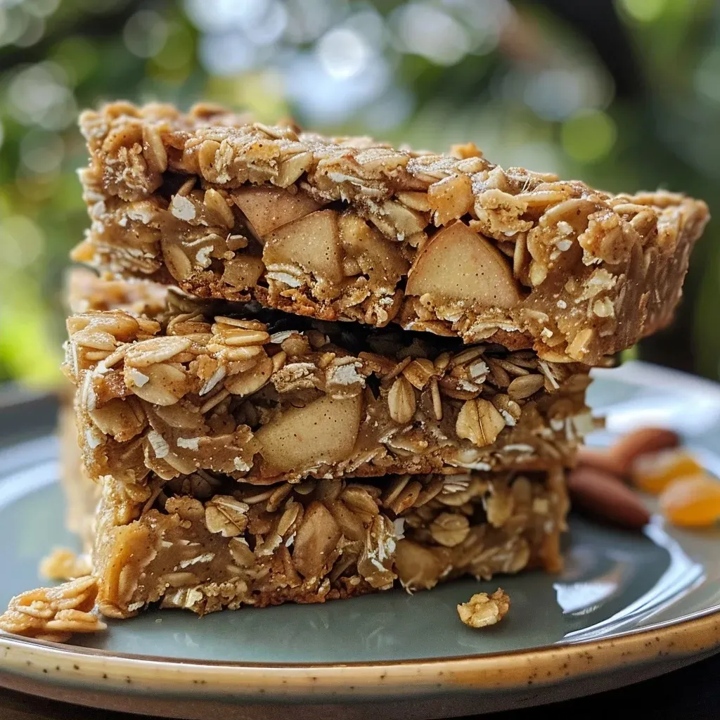 ['A close-up view of chewy apple cinnamon granola bars with visible apple pieces and nuts.', 'Side view of homemade chewy apple cinnamon granola bars showcasing oats and cinnamon.', 'A detailed shot of granola bars featuring chunks of apple and a sprinkle of cinnamon on top.', 'Close-up of chewy granola bars, highlighting their textured surface filled with oats and raisins.']