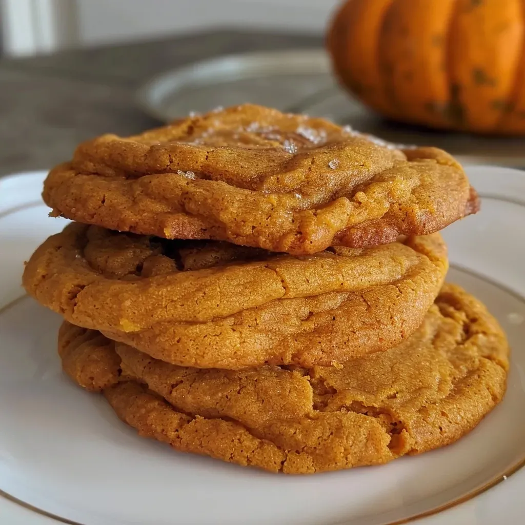 ['Close-up side view of golden Chewy Pumpkin Cookies with chocolate chips.', 'Side view of Chewy Pumpkin Cookies showcasing their chewy texture and spices.', 'Delicious Chewy Pumpkin Cookies displayed on a wooden surface.', 'Appetizing close-up of a stack of chewy pumpkin cookies with autumn spices.']