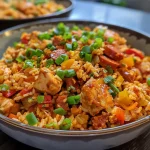 ['A close-up view of a vibrant Chicken and Chorizo Jambalaya featuring juicy pieces of chicken and slices of chorizo.', 'Delicious Chicken and Chorizo Jambalaya with colorful bell peppers and green onions, captured in a side view.', 'Juicy Chicken and Chorizo Jambalaya showcasing tender chicken, smoky chorizo, and a mix of fresh vegetables in a rich sauce.', 'Close-up image of a hearty Chicken and Chorizo Jambalaya, highlighting its colorful ingredients and steaming rice.']