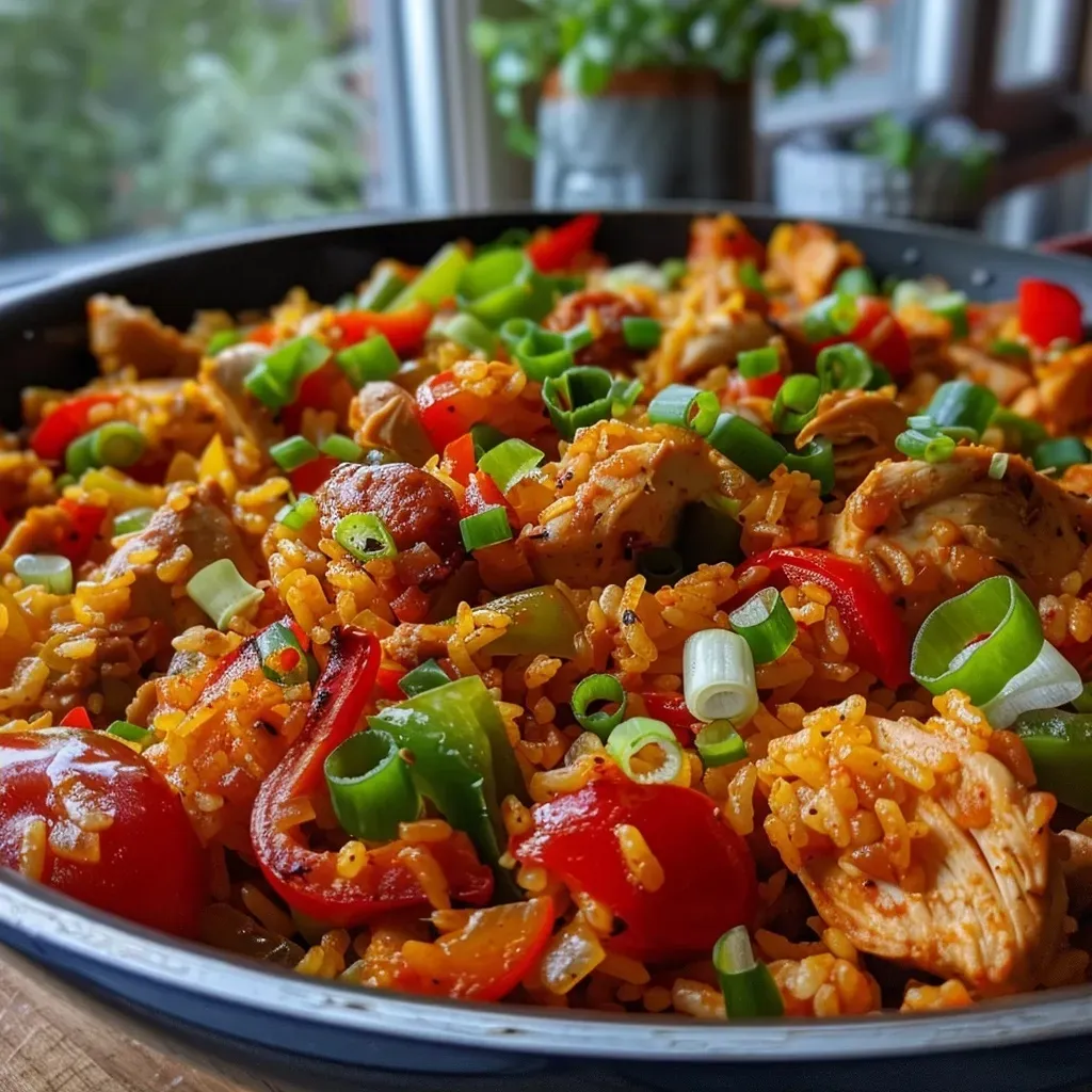 ['A close-up view of a vibrant Chicken and Chorizo Jambalaya featuring juicy pieces of chicken and slices of chorizo.', 'Delicious Chicken and Chorizo Jambalaya with colorful bell peppers and green onions, captured in a side view.', 'Juicy Chicken and Chorizo Jambalaya showcasing tender chicken, smoky chorizo, and a mix of fresh vegetables in a rich sauce.', 'Close-up image of a hearty Chicken and Chorizo Jambalaya, highlighting its colorful ingredients and steaming rice.']