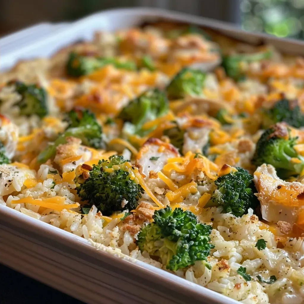 ['A close-up view of a Chicken Broccoli Rice Casserole, showcasing layers of chicken, broccoli, and melted cheese.', 'Side view of a Chicken Broccoli Rice Casserole, highlighting crispy topping and creamy filling with vibrant broccoli florets.', 'Juicy Chicken Broccoli Rice Casserole with a golden breadcrumb topping, featuring chunks of chicken and fresh broccoli.', 'A delicious Chicken Broccoli Rice Casserole, revealing creamy texture and colorful ingredients in a baking dish.']