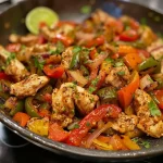 ['Close-up view of a juicy chicken fajita dish in a crockpot.', 'Side view of colorful sliced bell peppers and chicken in a slow cooker.', 'Delicious chicken fajitas simmering in a crockpot, showcasing vibrant vegetables.', 'Warm, home-cooked chicken fajitas with fresh ingredients in a crockpot.']