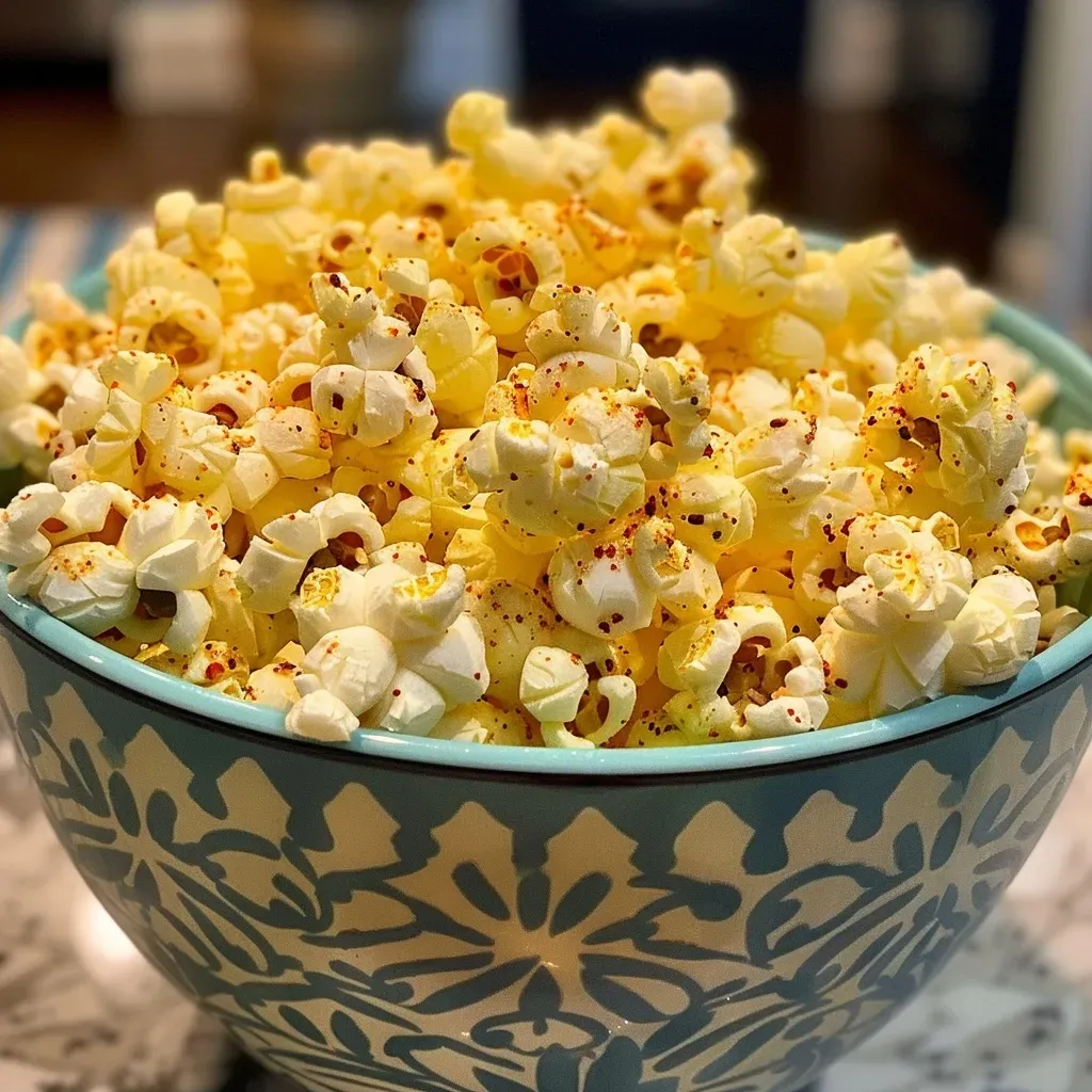['Close-up view of colorful Chili Lime Popcorn sprinkled with lime zest.', 'Side angle of a bowl filled with vibrant Chili Lime Popcorn, glistening with melted butter.', 'Detailed shot of Chili Lime Popcorn showcasing its texture and seasoning.', 'Appetizing presentation of Chili Lime Popcorn with visible chili powder and lime zest.']