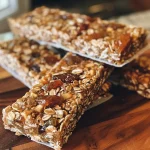 ['Close-up view of Cinnamon Apple Granola Bars with a chewy texture.', 'Side profile of granola bars featuring apple and cinnamon chunks.', 'Deliciously crafted granola bars showcasing a blend of oats and dried apples.', 'A detailed look at homemade Cinnamon Apple Granola Bars with a golden-brown hue.']