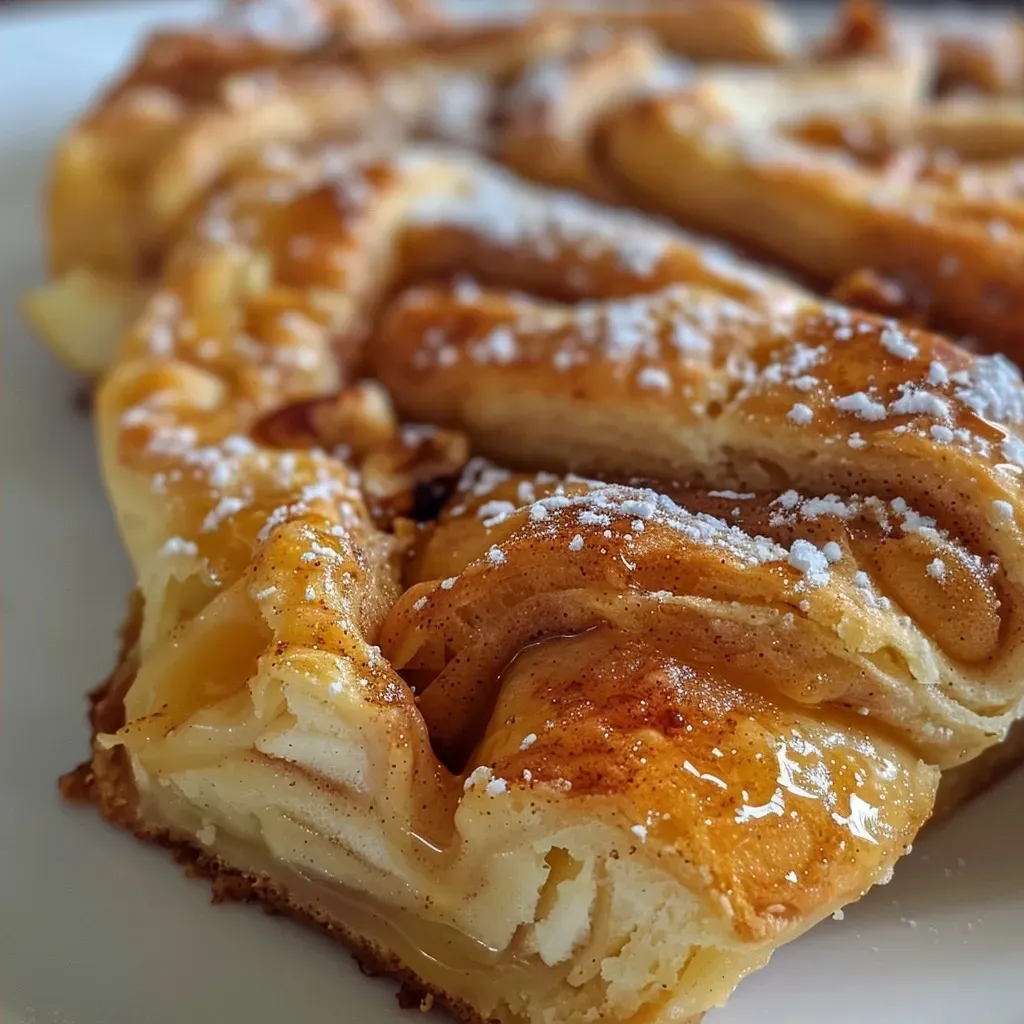 ['Close-up view of a golden-brown Cinnamon Apple Twist Bread with a glossy glaze.', 'Side profile of a braided bread filled with apple and cinnamon, showcasing its flaky texture.', 'Juicy pieces of apple visible in a twisted bread, dusted with powdered sugar on top.', 'Detailed shot of Cinnamon Apple Twist Bread highlighting its swirls and shiny finish.']