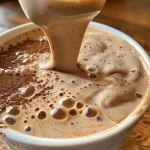 ['Close-up of a creamy cinnamon coffee creamer in a glass bottle.', 'Side view of a delicious cinnamon coffee creamer with spices and milk visible.', 'A rich cinnamon coffee creamer in a clear container showcasing its creamy texture.', 'Detailed shot of a cinnamon-flavored coffee creamer surrounded by its ingredient labels.']