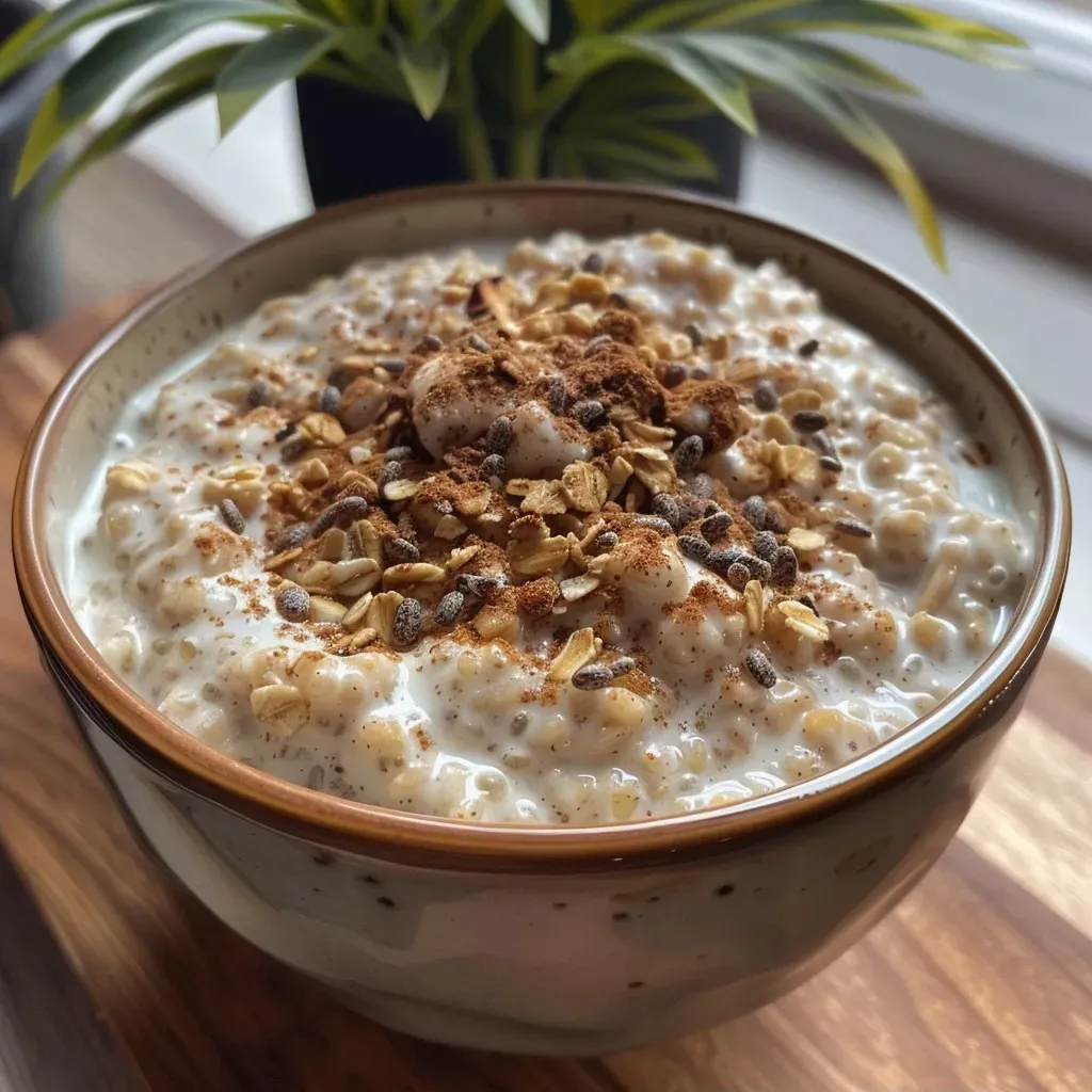 Close-up view of Cinnamon Roll Overnight Oats in a glass jar.