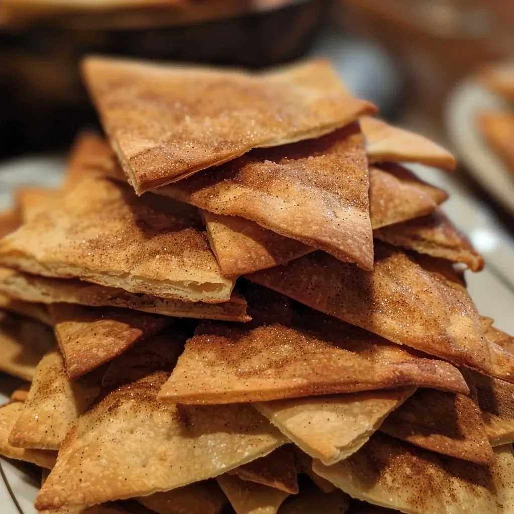 A close-up view of crispy cinnamon sugar pita chips arranged on a plate.
