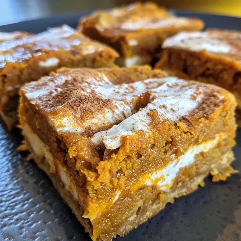 ['Close-up view of moist Cottage Cheese Pumpkin Cake Bars with a golden-brown crust.', 'Side angle of pumpkin cake bars featuring a rich, spiced layer topped with a sprinkle of cinnamon.', 'Juicy Cottage Cheese Pumpkin Cake Bars cut into squares, displaying a soft texture and vibrant orange color.', 'Delicious pumpkin cake bars arranged on a plate, highlighting their creamy, cottage cheese-infused interior.']