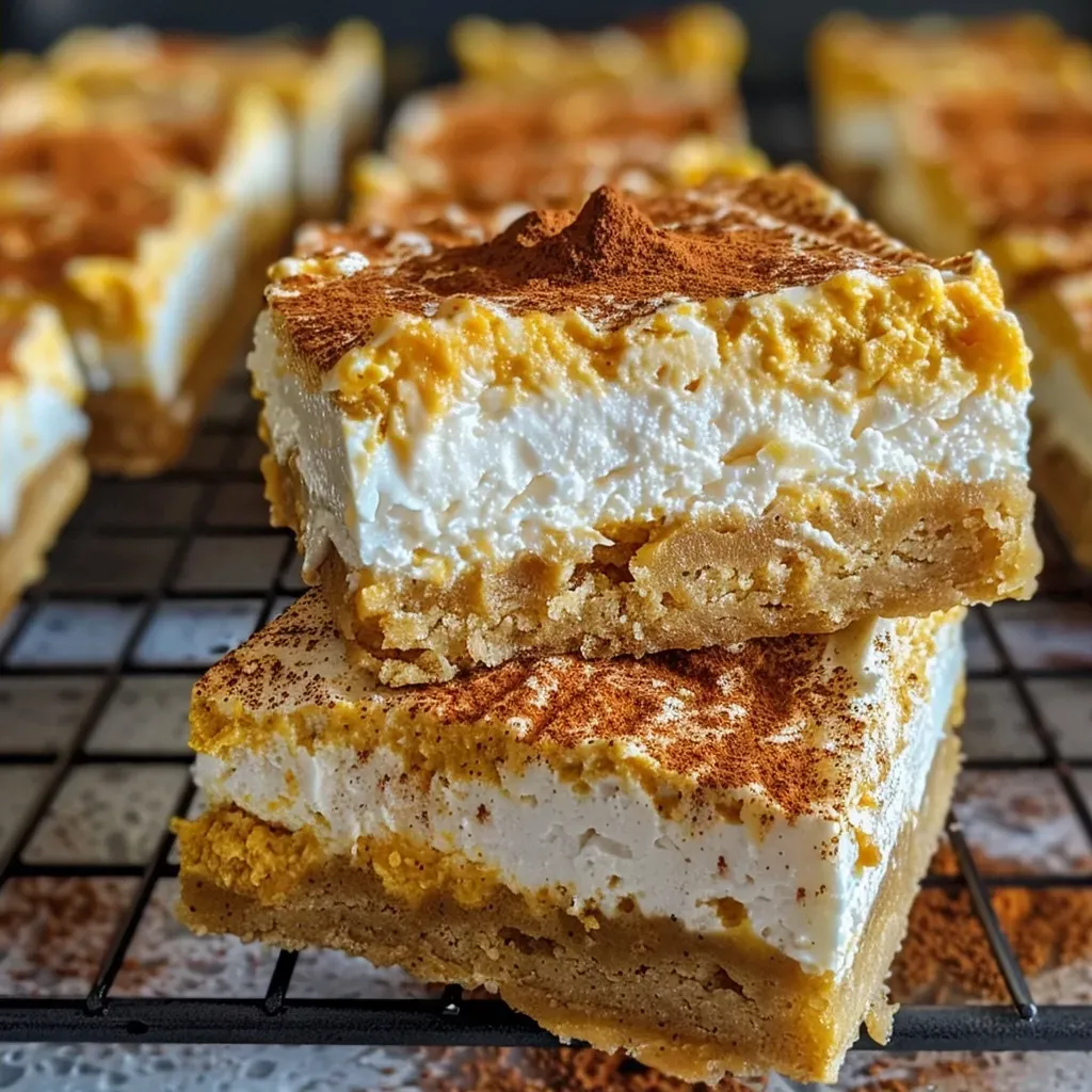 ['Close-up view of moist Cottage Cheese Pumpkin Cake Bars with a golden-brown crust.', 'Side angle of pumpkin cake bars featuring a rich, spiced layer topped with a sprinkle of cinnamon.', 'Juicy Cottage Cheese Pumpkin Cake Bars cut into squares, displaying a soft texture and vibrant orange color.', 'Delicious pumpkin cake bars arranged on a plate, highlighting their creamy, cottage cheese-infused interior.']