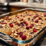 ['Close-up view of baked oatmeal topped with cranberries and almonds.', 'Deliciously baked oatmeal with cranberries and almond slices on top.', 'Side view of warm cranberry almond baked oatmeal in a bowl.', 'Juicy cranberry almond baked oatmeal showing texture and ingredients.']