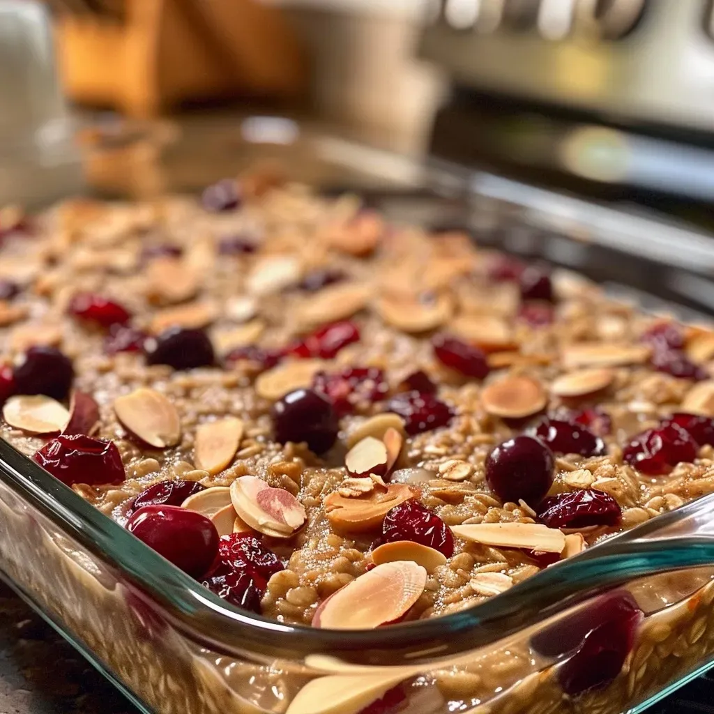 ['Close-up view of baked oatmeal topped with cranberries and almonds.', 'Deliciously baked oatmeal with cranberries and almond slices on top.', 'Side view of warm cranberry almond baked oatmeal in a bowl.', 'Juicy cranberry almond baked oatmeal showing texture and ingredients.']