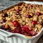 ['Close-up view of a freshly baked cranberry apple crisp, showing a golden-brown crust and colorful fruit filling.', 'Side perspective of a warm cranberry apple crisp, highlighting the layered topping and juicy apple slices.', 'Detailed image of cranberry apple crisp with visible oat topping and glistening cranberries.', 'Close-up of a delicious cranberry apple crisp, featuring a crunchy top and vibrant fruit peeking through.']