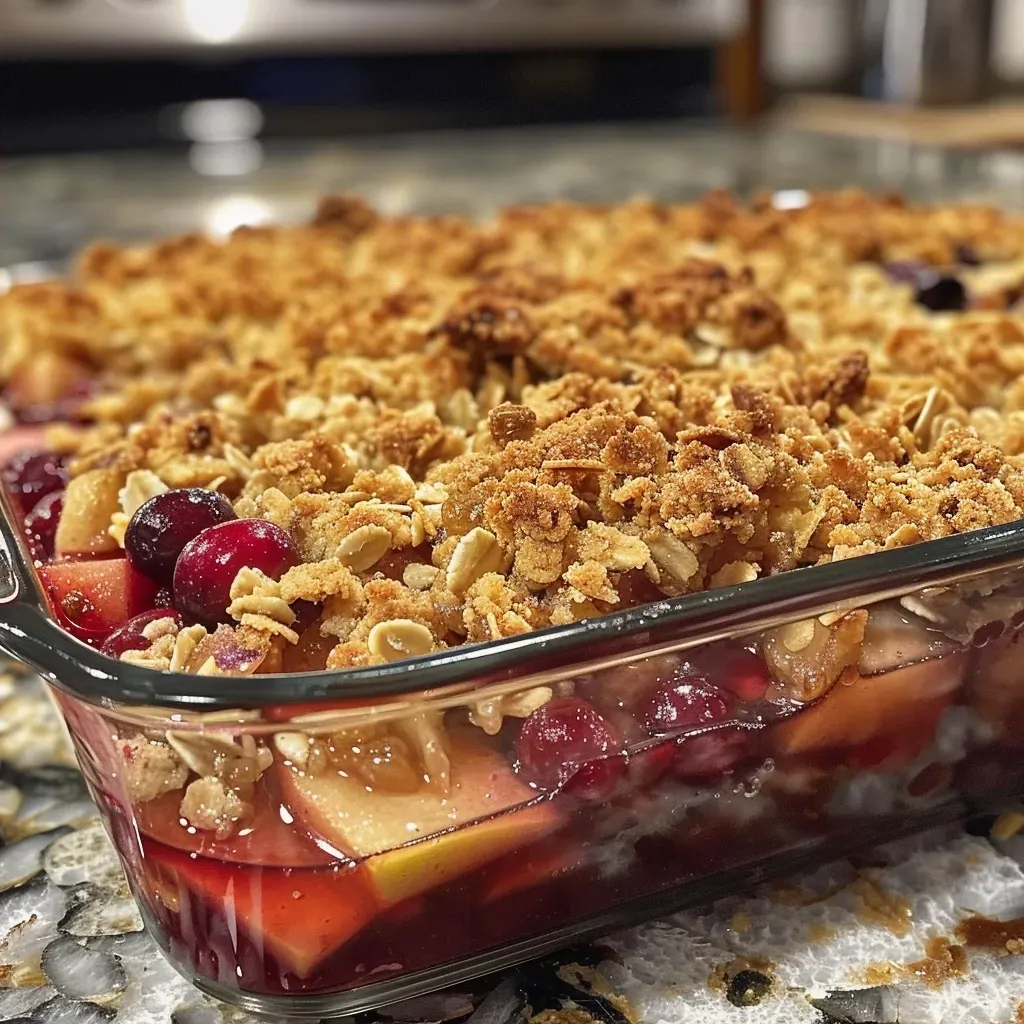 ['Close-up view of a freshly baked cranberry apple crisp, showing a golden-brown crust and colorful fruit filling.', 'Side perspective of a warm cranberry apple crisp, highlighting the layered topping and juicy apple slices.', 'Detailed image of cranberry apple crisp with visible oat topping and glistening cranberries.', 'Close-up of a delicious cranberry apple crisp, featuring a crunchy top and vibrant fruit peeking through.']