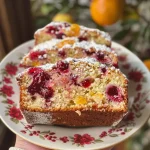 ['Close-up side view of a golden-brown cranberry orange loaf with visible cranberries.', 'Juicy cranberry orange loaf showcasing its texture and vibrant ingredients.', 'A moist cranberry orange loaf sliced to reveal its rich, colorful interior.', 'Side view of a cranberry orange loaf highlighting its fresh cranberries and orange zest.']