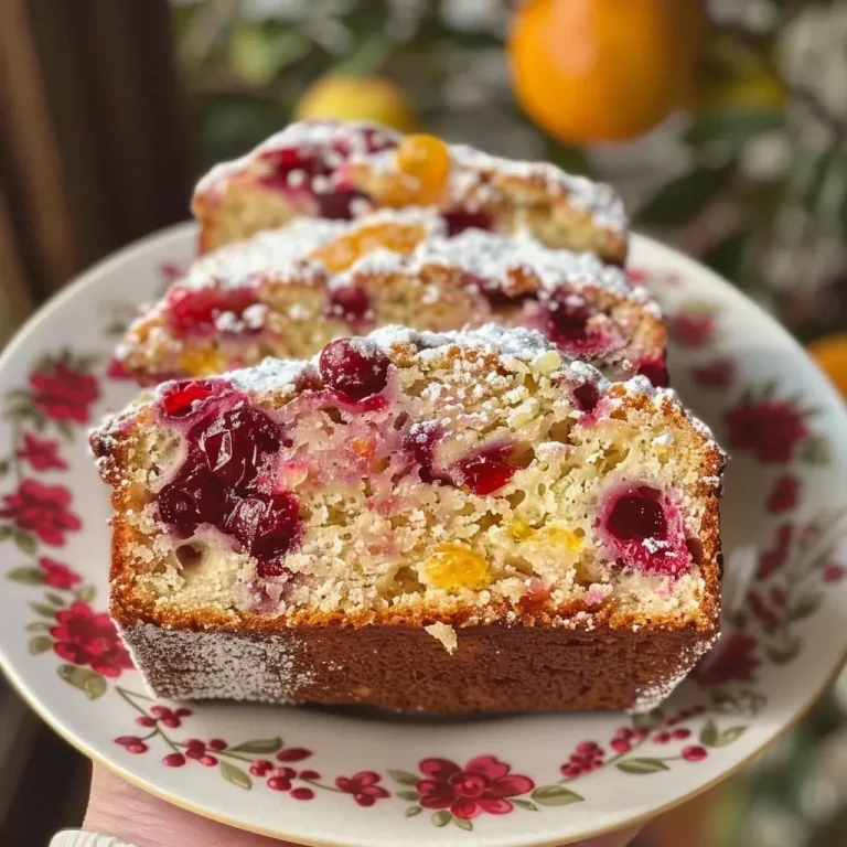 ['Close-up side view of a golden-brown cranberry orange loaf with visible cranberries.', 'Juicy cranberry orange loaf showcasing its texture and vibrant ingredients.', 'A moist cranberry orange loaf sliced to reveal its rich, colorful interior.', 'Side view of a cranberry orange loaf highlighting its fresh cranberries and orange zest.']