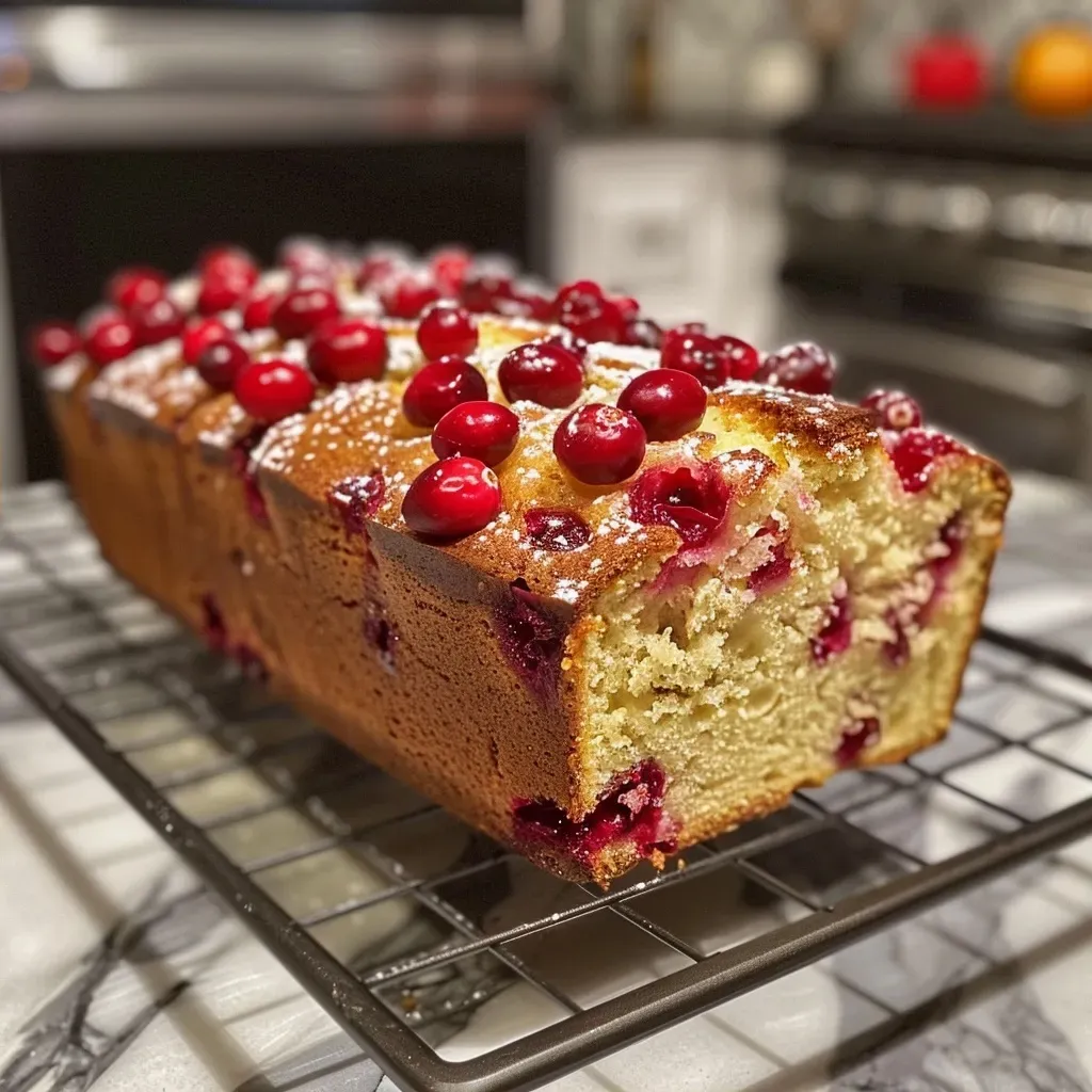 ['Close-up side view of a golden-brown cranberry orange loaf with visible cranberries.', 'Juicy cranberry orange loaf showcasing its texture and vibrant ingredients.', 'A moist cranberry orange loaf sliced to reveal its rich, colorful interior.', 'Side view of a cranberry orange loaf highlighting its fresh cranberries and orange zest.']