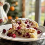 ['Close-up view of golden-brown cranberry orange scones with a juicy interior.', 'Side view of flaky cranberry orange scones showcasing their vibrant red cranberries and orange zest.', 'Detailed shot of freshly baked scones with visible chunks of cranberries and orange zest, ready to eat.', 'A plate of warm cranberry orange scones, highlighting their soft texture and colorful ingredients.']