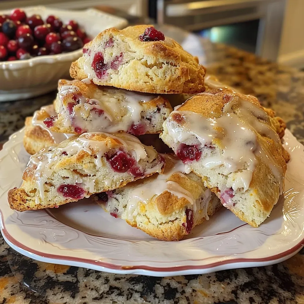 Close-up view of golden-brown cranberry orange scones with a juicy interior.