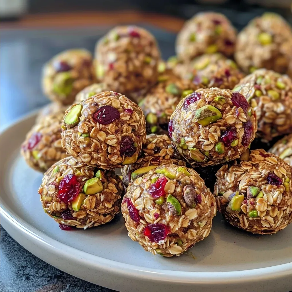 ['Close-up view of cranberry pistachio protein bites showcasing a textured surface with visible dried cranberries and pistachios.', 'Side view of delicious protein bites featuring a mix of oats, almond butter, and nuts, highlighting their chewy texture.', 'Juicy cranberry pistachio bites arranged closely, displaying vibrant colors of cranberries and chopped pistachios.', 'Detailed image of protein bites with a focus on the ingredients, emphasizing the healthy combination of oats and nuts.']