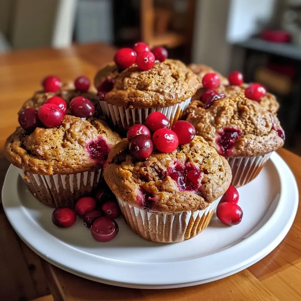 ['Close-up of a delicious cranberry pumpkin muffin with a moist texture and visible cranberries.', 'Side view of a freshly baked cranberry pumpkin muffin showcasing its golden-brown top and soft interior.', 'A juicy cranberry pumpkin muffin highlighted with bright red cranberries on a wooden surface.', 'Detailed view of a warm cranberry pumpkin muffin with a crumbly top, emphasizing its inviting appearance.']