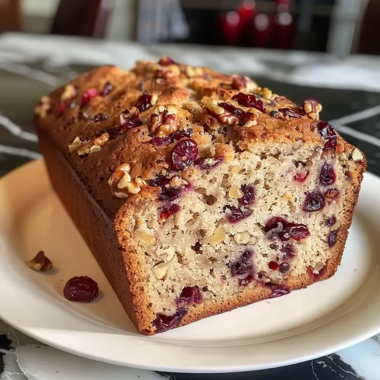 ['Close-up of a slice of Cranberry Walnut Bread showcasing the red cranberries and chopped walnuts.', 'Side view of freshly baked Cranberry Walnut Bread with a golden crust and visible cranberries.', 'Detailed view of Cranberry Walnut Bread revealing the texture and ingredients within the loaf.', 'Juicy slice of Cranberry Walnut Bread with cranberries and walnuts, highlighting its rich color and texture.']