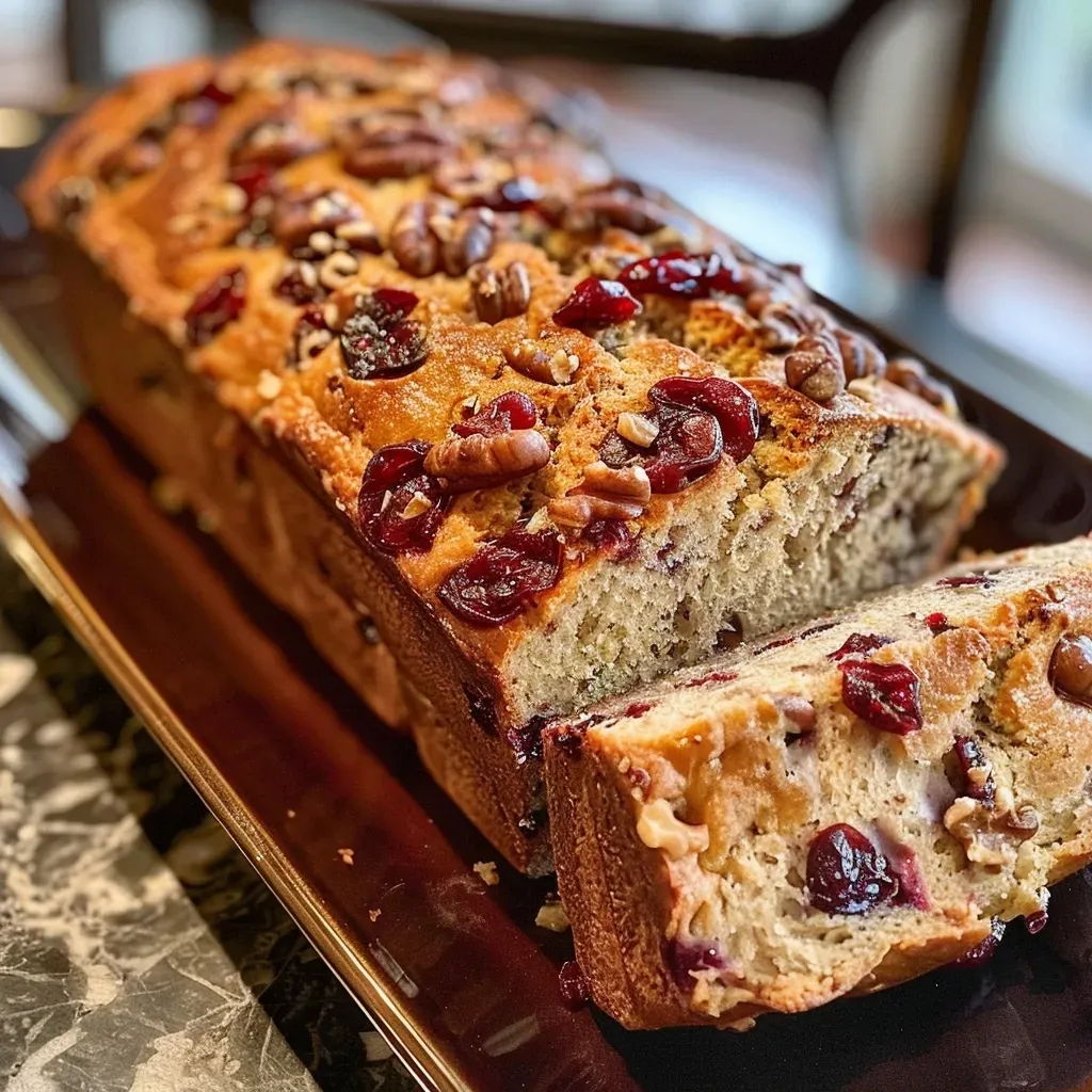 ['Close-up of a slice of Cranberry Walnut Bread showcasing the red cranberries and chopped walnuts.', 'Side view of freshly baked Cranberry Walnut Bread with a golden crust and visible cranberries.', 'Detailed view of Cranberry Walnut Bread revealing the texture and ingredients within the loaf.', 'Juicy slice of Cranberry Walnut Bread with cranberries and walnuts, highlighting its rich color and texture.']