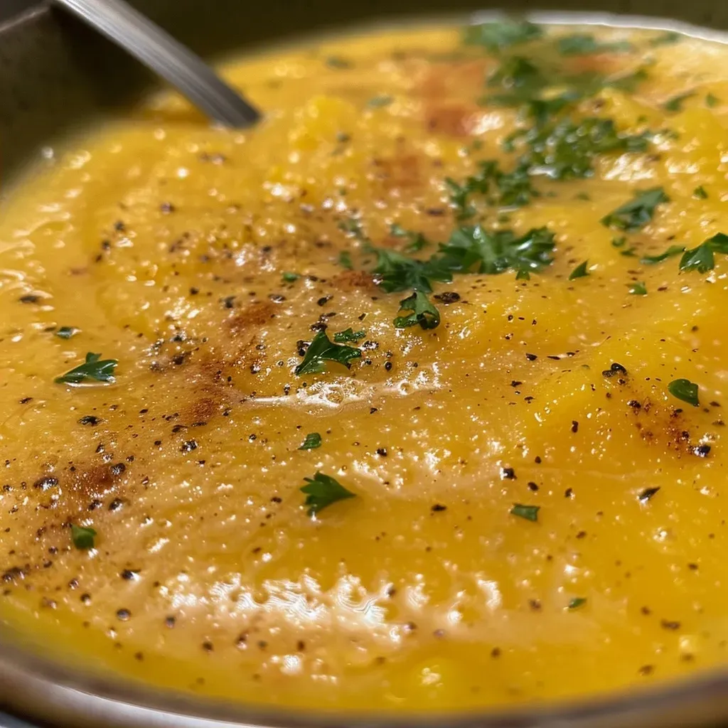 Close-up view of creamy apple butternut squash soup in a bowl, garnished with a sprinkle of cinnamon.