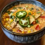 ['A close-up view of creamy chicken tortilla soup with visible chunks of chicken and toppings.', 'Side view of a bowl of creamy chicken tortilla soup, showcasing colorful ingredients like black beans and corn.', 'An inviting bowl of creamy chicken tortilla soup, garnished with cheese and tortilla strips.', 'Delicious creamy chicken tortilla soup displayed in a rustic bowl, highlighting its rich texture.']
