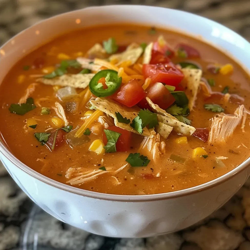 ['A close-up view of creamy chicken tortilla soup with visible chunks of chicken and toppings.', 'Side view of a bowl of creamy chicken tortilla soup, showcasing colorful ingredients like black beans and corn.', 'An inviting bowl of creamy chicken tortilla soup, garnished with cheese and tortilla strips.', 'Delicious creamy chicken tortilla soup displayed in a rustic bowl, highlighting its rich texture.']