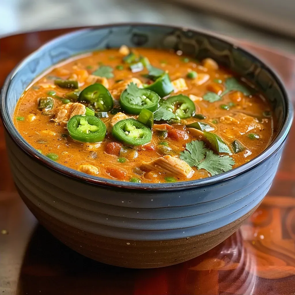 ['Close-up view of a bowl of creamy pumpkin chicken chili, garnished with cilantro.', 'Side view of a delicious bowl of pumpkin chicken chili with visible chicken pieces and herbs.', 'Creamy pumpkin chicken chili in a rustic bowl, showcasing its thick texture and colorful ingredients.', 'Appetizing close-up of a serving of pumpkin chicken chili, highlighting the creamy consistency and spices.']