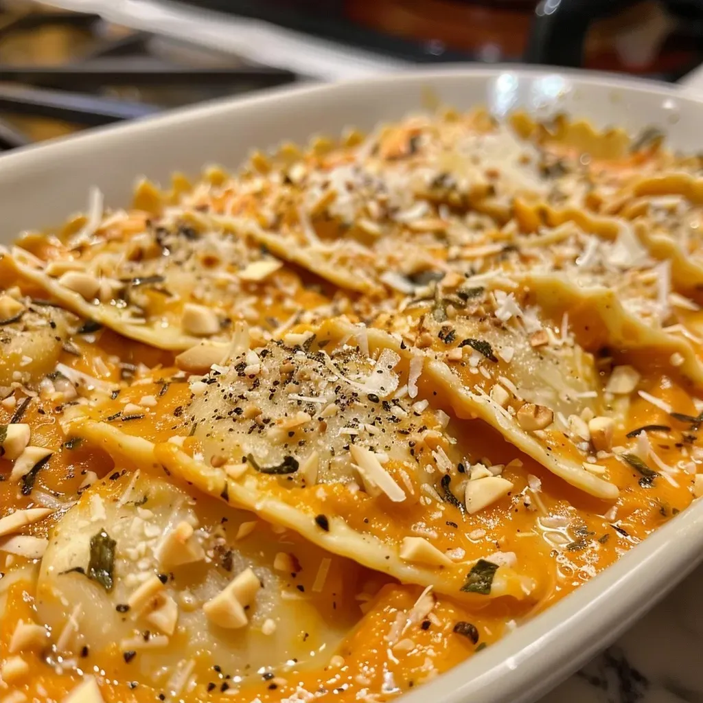 ['Close-up view of creamy pumpkin ravioli topped with Parmesan cheese and herbs.', 'Side angle shot of delicious pumpkin ravioli garnished with nuts and fresh sage.', 'Detailed image showcasing stuffed pumpkin ravioli in a creamy sauce with herbs.', 'Close-up of ravioli with a rich pumpkin filling, drizzled with heavy cream.']
