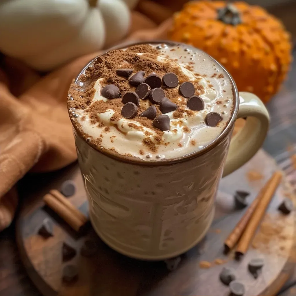 ['Creamy pumpkin spice hot chocolate in a cozy mug with whipped cream and chocolate drizzle.', 'Close-up of two mugs filled with creamy pumpkin spice hot chocolate, topped with whipped cream.', 'Side view of a rich pumpkin spice hot chocolate with dark chocolate chips and spice sprinkle.', 'Delicious creamy hot chocolate in a decorative mug, showcasing seasonal pumpkin flavors.']