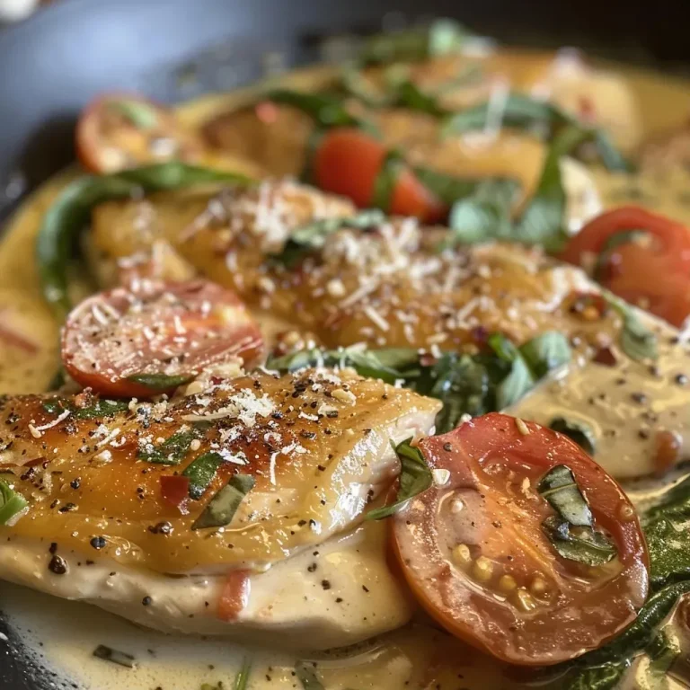 ['Close-up view of creamy Tuscan chicken garnished with spinach and sun-dried tomatoes.', 'Juicy chicken breast cooked in a creamy sauce with artichokes and herbs.', 'Side angle of plated creamy Tuscan chicken topped with spinach and artichokes.', 'Delicious dish featuring tender chicken in a rich cream sauce alongside vegetables.']