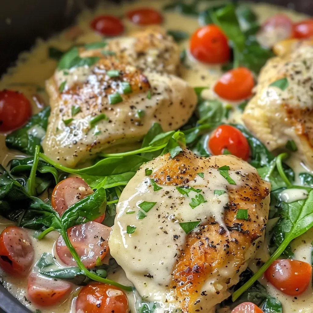 Close-up view of creamy Tuscan chicken garnished with spinach and sun-dried tomatoes.