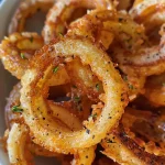 ['Close-up view of golden crispy onion rings with a bowl of dipping sauce.', 'Thickly sliced onion rings, fried to a crispy golden brown, served with a tangy dip.', 'A tantalizing plate of crispy onion rings, showcasing the texture and dipping sauce.', 'Side view of freshly fried onion rings, highlighting their crunchiness and served with sauce.']